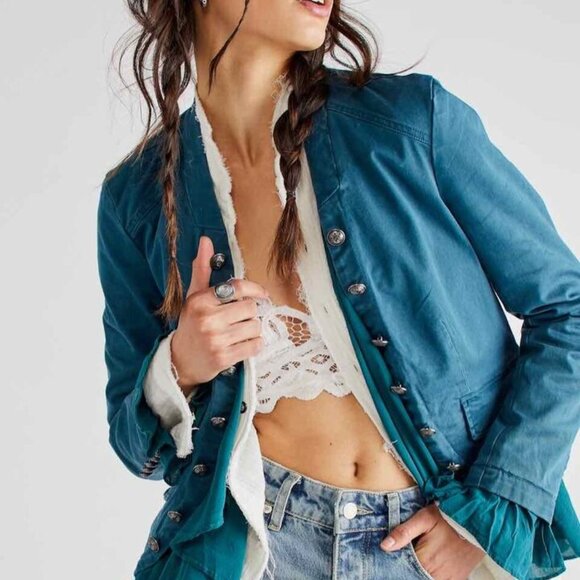 Free People Ruffles Romance Jacket Button Pocket Relaxed Coats S - Picture 2 of 3